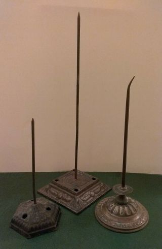 Three Ornate Victorian Antique Cast Iron Brass Store Desk Receipt Spikes Holders