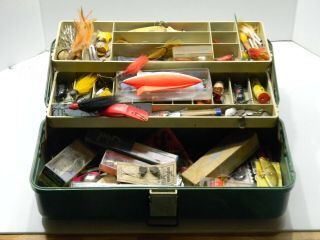 Vintage Plano Marble Green Tackle Box Full Of Fishing Lures Close To 100 Lures
