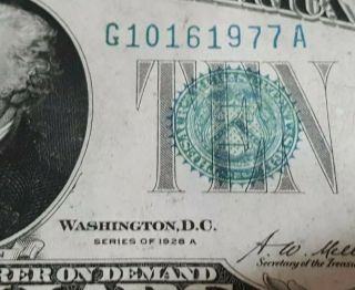 Rare District $10 1928 A / Blue Green Color Error ? Note,  Serial In Signature