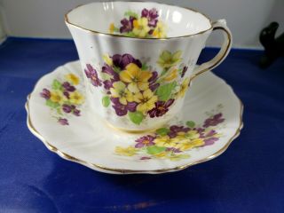 Old Royal Purple And Yellow Violets English Bone China Teacup And Saucer