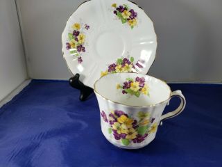 Old Royal Purple and Yellow Violets English Bone China Teacup and Saucer 2
