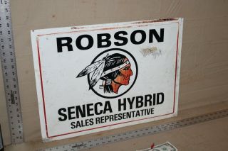 Rare 1950s Robson Seneca Hybrid 2 - Sided Metal Sign Indian Farm Barn Feed Seed