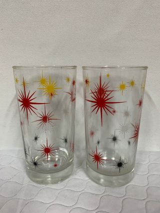 Rare Vintage 2 Water Glasses Atomic Starburst Star Glow 5”