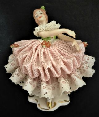 Antique German Dresden Lady Dancing Pink Lace Porcelain Figurine 3.  25”