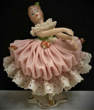 Antique GERMAN DRESDEN LADY DANCING Pink Lace Porcelain Figurine 3.  25” 2