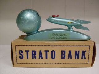 Rare 1960 Strato Metal Bank Duro Mold Rocket Ship W/box - Key & Instructions