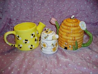 Rare,  " Beehive Ceramic Teapot,  Sugar / Honey Bowl & Stick,  Bee Vase / Watering