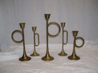 Vintage Mid Century French Horn Brass Taper Candle Holders Holiday Candle Set 5
