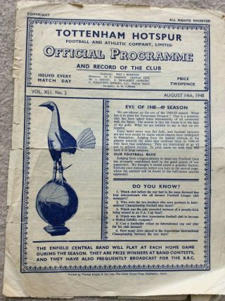 Tottenham Hotspur Public Trial: Whites V Reds 14th August 1948 Rare Programme