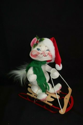 A58 Vintage Annalee Christmas Doll 1989 Cat Riding A Sleigh 10 "