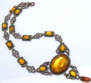 Exquisite Vtg Antique Czech Deco Nouveau Amber Glass Filigree Necklace Li68
