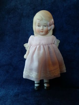 Antique Nippon Japan Sweet Girl Character All Bisque Blonde Blue Eyes Doll - 7”