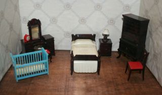 Renwal And Ideal 9 Piece Bedroom Set Vintage Dollhouse Furniture Plastic 1:16
