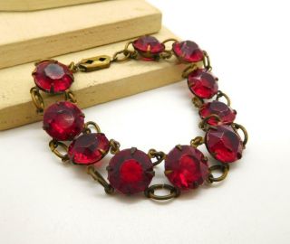 Antique Vintage Ruby Red Rhinestone Brass Link Bracelet Aa27