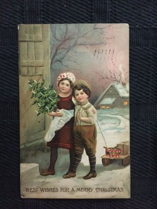 Eas Antique Christmas Postcard - Kids In Snow Pulling Sled