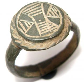 Ancient Medieval Bronze Ring With Cross On Bezel.