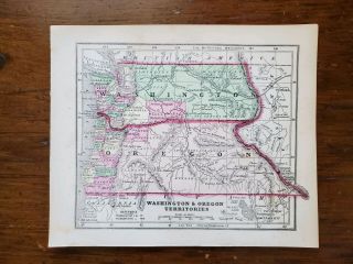 1856 Antique Hand Colored Map Of Washington & Oregon Territories