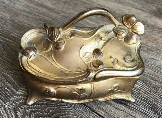 Antique Art Nouveau Metal Gold Gilt Jewelry Trinket Box Signed Jb Round Floral