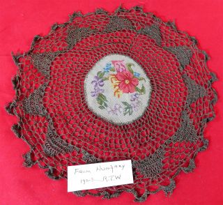 Antique Hungarian Needlepoint Petitpoint Embroidery Gold Crochet Lace Doily Vtg