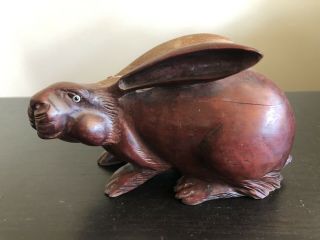 Fine Antique Chinese Carved Rosewood Bunny Rabbit Scholar Art Figure Inlay Eyes