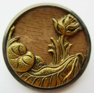 Xl Antique Vtg Victorian Wood Back Metal Button W/ Flowers 1 - 1/2 " (c)