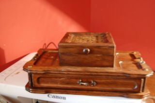 Antique Wooden Jewelry Box W/ Drawer And Small Box Top Vintage
