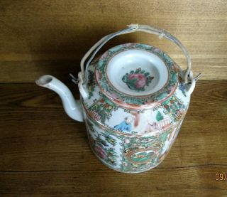 Antique Chinese Famille Rose Porcelain Teapot with Wire Handles 2