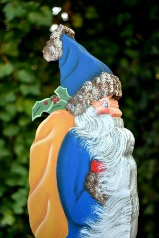 Vintage Wood Santa Cut Out Figure Statue Blue Hand Painted Tall 15 " 1994 Signed