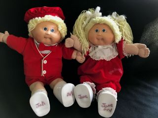 Vintage 1985 Cabbage Patch Kids Twins Blonde Boy Girl Red Outfits
