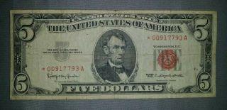 Rare 1963 Series $5 Five Dollar Note,  Red Seal With Star In Red Serial Number
