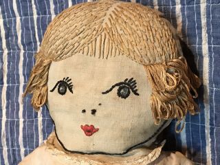 Vintage Primitive Vintage Folk Art Handmade 1930 ' s Cloth Doll Stitched Face 2
