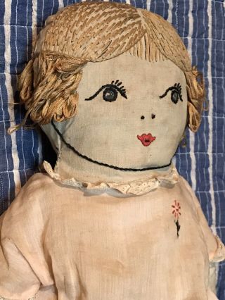 Vintage Primitive Vintage Folk Art Handmade 1930 ' s Cloth Doll Stitched Face 3