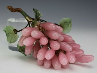 Chinese Export Hand Carved Pink Rose Quartz Grape Cluster & Leaf Sculpture Mfl