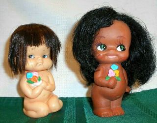 Vintage 2 Nude Dolls Sweet Faces Dark Hair - Japan 1960 Vinyl 4 "