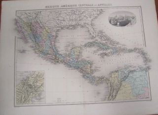C 1870 French Hand Colored Map Of Mexico & Central America & West Indies