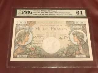 France French 1000 Francs Commerce Et Industry 1940 Pmg 64 Unc Pick 96a Rare