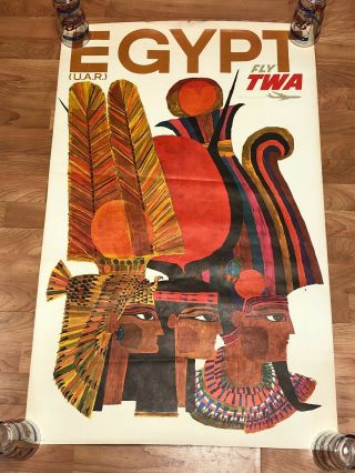 Rare 1960s Fly Twa To Egypt - Poster By David Klein Cool Size 40 X 25