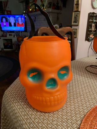 Rare Vintage Aj Renzi Halloween Orange Skull Blow Mold Candy Bucket