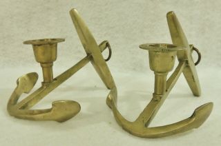 Pair Antique/vtg Solid Brass Nautical Anchor Maritime Ship Candle Stick Holders
