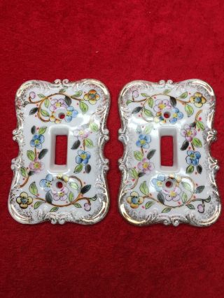 2 Vintage Porcelain Double Light Switch Cover Plate Floral Hand Painted Japan