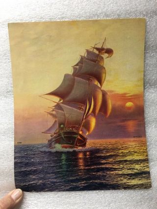 Vtg Calendar Header Art Print Sailing Ship At Sunset For Nautical Décor