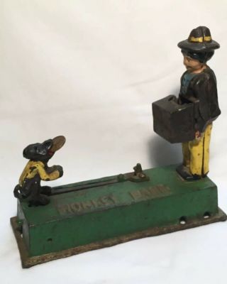Antique Cast Iron Monkey Bank Mechanical Spring Load Bank
