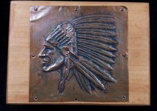 Hand Made Dove Tailed Wood Box W/ Navajo Chief Impressed Into A Copper Plate