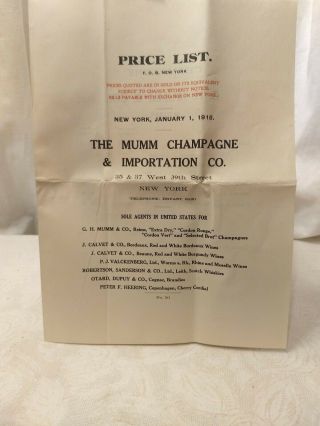 Rare 1915 Price List Of The Mumm Champagne & Imports York,  Ny Ephemera