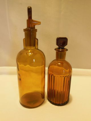 Vintage Amber Glass Apothecary Laboratory Pharmacy Bottles With Ground Stoppers