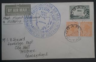 Rare 1931 Australia 1st Official Flight Cover Hobart To Melbourne W State Stamps