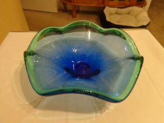 Rare Vintage Blenko Blue - Green Ruffle Glass Dish