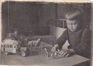 1939 Cute Little Boy W/ Toy Car Tin Soldiers Animals Child Russian Antique Photo
