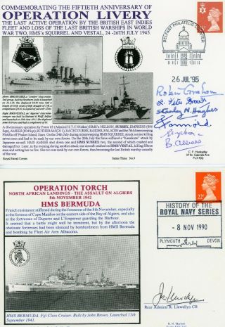 2 Rare Fdc - Royal Navy Ww2 - Hms Operations - Ships - Crew Signed Admiral