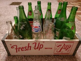 Vintage Old Rare Soda Pop Bottles And Crate 7up From 1948 Sun Burst From 1937
